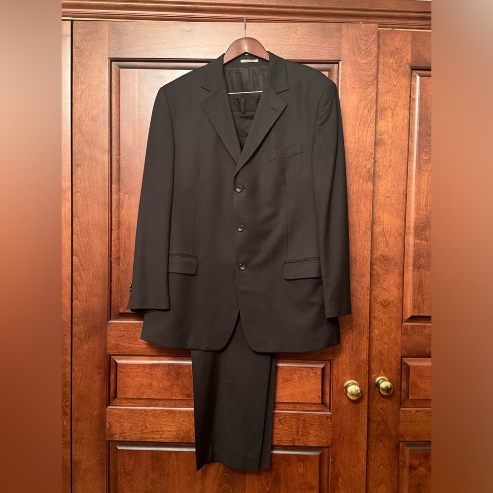 Dark Navy Blue pin stripe suit.